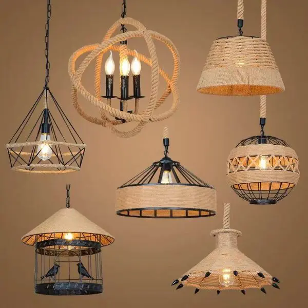 classic design indoor living room bedroom decorative chandelier led hemp rope rattan lamp shade pendant light