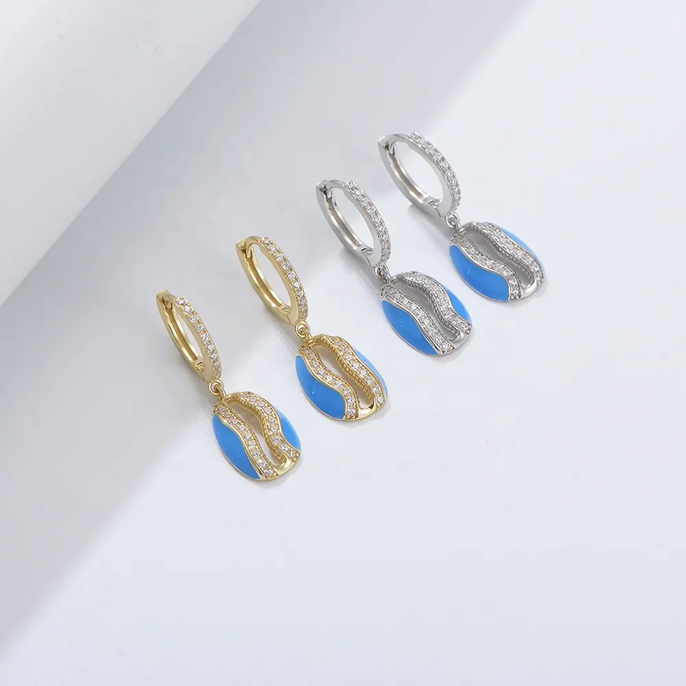 Großhandel Hochwertige Custom Silber Ohrring Oval Hollow Blue Emaille Drop Ohrringe