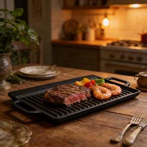 Plaque de cuisson rectangulaire en fonte double face, striée et plate, pour grillades et cuisson - Product Image 1