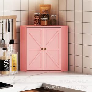 Pink <b>Corner</b> Bread Storage <b>Cabinet</b> Double Door Solid Color Desktop Organizer for Condiments Coffee Cups Bread Pastries - Product Image 1