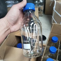 Bouteilles en verre rondes de 25 ml, 50 ml, 100 ml, 250 ml, 500 ml avec bouchon en plastique bleu pour verrerie de laboratoire, bouteilles de stockage en verre de 1000 ml
