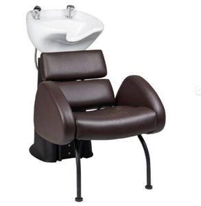 Sillón de Champú Moderno para Salón con Lavabo de Porcelana, Asiento de Cuero PU, Estructura Metálica, Mueble Comercial Resistente - Product Image 1