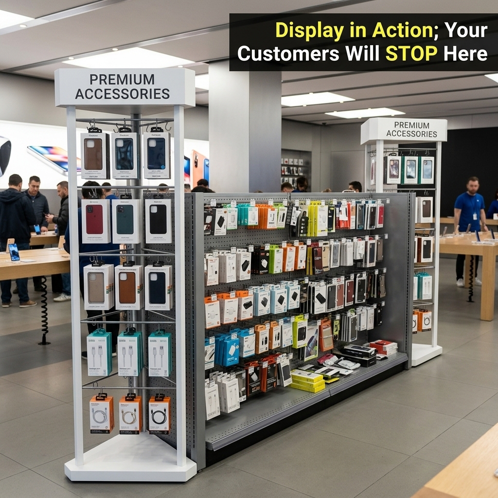 Cell Phone Accessories Display Stand Metal Retail Store Fixture 3-Sided Phone Case Charging Cable Rack Electronics Floor Shelf — view 2