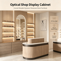 Meuble de présentation de lunettes de vue pour la vente au détail, étagère murale en bois avec LED à intensité variable, comptoir de réception incurvé, armoire de rangement autoportante