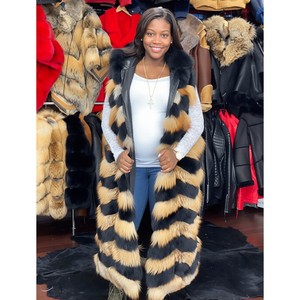 RXFurs <span class=keywords><strong>Gilet</strong></span> <span class=keywords><strong>long</strong></span> en fourrure de renard roux naturel et <span class=keywords><strong>noir</strong></span>, veste sans manches, veste longue en fourrure de renard avec capuche - Product Image 5