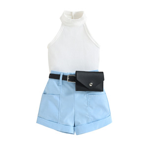 Children's Clothing Girls Clothing Sets Summer New Children's Sleeveless Top Solid Color Pocket Shorts Suit with Side <b>Purse</b> - Product Image 6