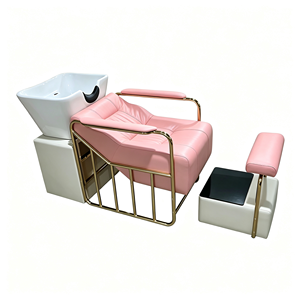 Fauteuil de lavage de luxe rose pour salon, avec cadre en acier inoxydable doré, dossier en cuir PU et bac en céramique blanc séparé - Product Image 3