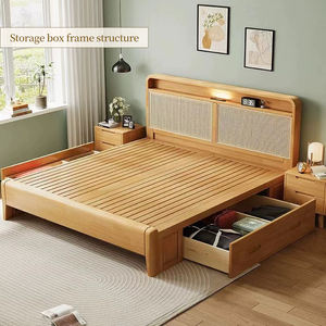 <span class=keywords><strong>Lit</strong></span> de rangement hydraulique moderne en bois de caoutchouc 150x200cm Queen avec tête de <span class=keywords><strong>lit</strong></span> en rotin sculptée à la main, port USB, veilleuse, écologique, OEM - Product Image 2