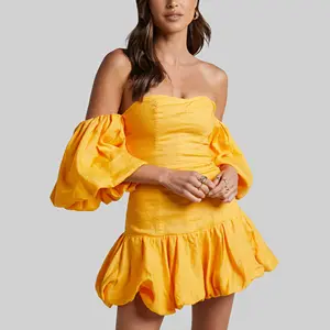 Hot Sale Mini Dresses Slim Fitting Puff Sleeve Off Shoulder Custom Brand Logo High Quality Women Clothing 100% Linen Dress Italy