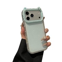 Coque de protection de luxe brillante et scintillante couleur bonbon avec strass et oreilles de chat mignonnes pour iPhone 17 Pro Max 16 15 14 13 12 11