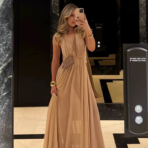 Abito lungo sexy in stile francese con scollo a V profondo <span class=keywords><strong>e</strong></span> schiena scoperta, drappeggiato <span class=keywords><strong>e</strong></span> leggero, ideale per vacanze <span class=keywords><strong>e</strong></span> <span class=keywords><strong>spiaggia</strong></span>, eleganza da dama. - Product Image 1