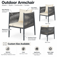 Fauteuil d'extérieur en corde tressée à la main avec coussin imperméable et structure en aluminium thermolaqué