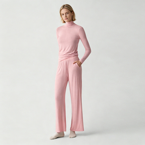 Wholesales custom Bamboo Cotton Turtleneck Long Sleeve Top + Loose <b>Wide</b> <b>Leg</b> Pants Organic Jersey Womens <b>Pyjamas</b> set - Product Image 2