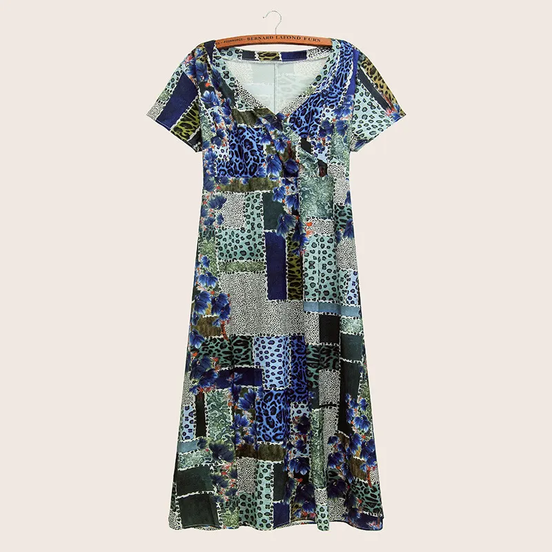 2022 봄 플러스 사이즈 여성 드레스 의류 인쇄 기하학적 패턴 스티치 대형 스커트 헴 슬림 드레스
