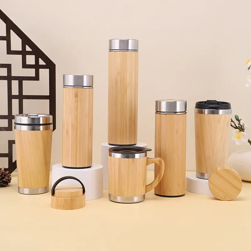 250 350 450 500 1000ml bamboo shell Leakproof Stainless Steel wide mouth Vacuum Flasks office Water Bottle With Straw Lid