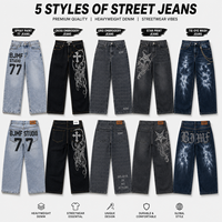 Jeans empilés imprimés sur mesure, choix de motifs variés, design d'illustrations personnalisées, pantalon en denim léger, tenue décontractée de style urbain
