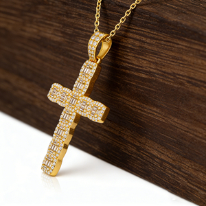 CUSTOM SILVER 10K/14K/18K GOLD PLATED LAB GROWN CVD DIAMOND CLASSIC ENGAGEMENT GIFT SWEATER <b>CHAIN</b> NECKLACE <b>CROSS</b> PENDANT VS - Product Image 2