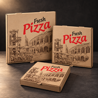 Boîte à pizza jetable personnalisée pour restaurant, en carton ondulé, motif ville, avec languette de fermeture frontale, pour livraison de repas frais à emporter