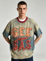T-shirt Homme Vintage Oversize Délavé Dégradé avec Lettres Brodées Effet Vieilli et Col Rond Côtelé Rouge Contrastant, Motif Étoile