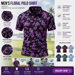 Camisa polo floral llamativa para hombre con logotipo de diseñador personalizado, estampado de flores moradas, top negro de verano - Product Image 4