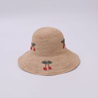 Sombrero de Paja Natural para Mujer, con Bordado de Cerezas, Estilo Crochet, Plegable, Estilo Japonés, para Playa, Verano