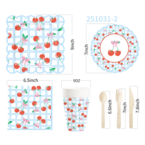Juego de Vajilla Desechable DAMAI con Diseño de Cereza para Fiestas Infantiles, Platos, Vasos y Servilletas de Papel en Color Azul Claro - Product Image 5