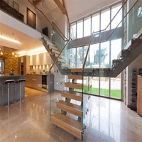 Escalier en verre avec marches en bois massif, cantilever, antidérapant, gain de place, pour rénovation d'appartement duplex