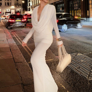 Abito da Sera su Misura a Maniche Lunghe <span class=keywords><strong>con</strong></span> Scollo a V, Aderente, Tinta Unita, <span class=keywords><strong>con</strong></span> Cintura in Vita e Pieghe a Coda di Pesce per Donna, Autunno Inverno - Product Image 1