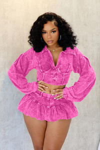 Set Rok 2 Potong Model Ribbed Terbaru Wanita, Atasan Rajut Kerah V dan Rok Bubble, Set Pakaian Dua Potong untuk Wanita - Product Image 4