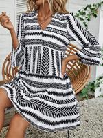 Robe mini décontractée pour femme, col en V, demi-fermeture, imprimé tribal géométrique, manches évasées 3/4, à volants, style babydoll