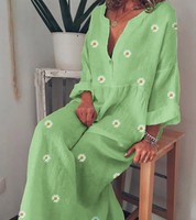 Robe en lin à manches longues et col en v avec imprimé floral pour femme, tenue Maxi décontractée, grande taille, collection automne Offre Spéciale