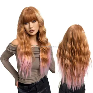 2024 New Products 28Inch Brown Gradient Pink Hair Tail Dyed With Bangs Large Waves Long Curly Hair Water Wave Wig For Women Hair