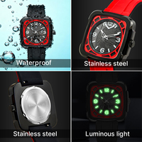 Montre sport pour homme à quartz, boîtier carré en acier inoxydable, bracelet en silicone, aiguilles simples, résistante à l'eau 3BAR, aiguilles lumineuses, OEM ODM