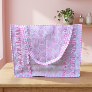 Sac fourre-tout rose en coton, artisanal indien traditionnel, motif floral, couleur unie, élégant, spacieux, léger - Product Image 2