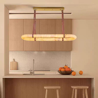 Lustre suspendu moderne minimaliste en cuir, anneau lumineux en marbre, pour salle à manger, restaurant, en albâtre naturel et cuivre