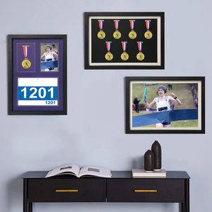 Boîte à médailles Shadow Box, grande taille A3, avec cadres métalliques verrouillables à fixer au mur, pour dossards de course, photos et médailles sportives, finition noire - Product Image 1