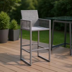 Tabouret de bar en rotin gris, structure en acier thermolaqué, mobilier de jardin extérieur contemporain moderne durable pour usage commercial - Product Image 2