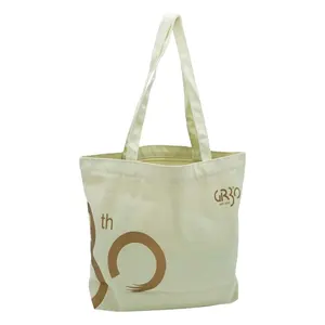 Gold Printed Promotional Zipper Closure Cotton Long Handled Bag With Big Capacity