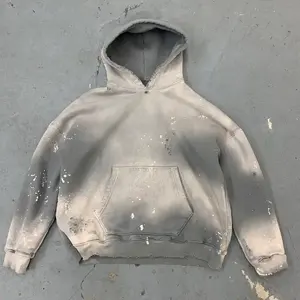 Faded No String Pocket Pullover Sweatshirt Custom Heavyweight Stone Acid Washed Hoodie Men