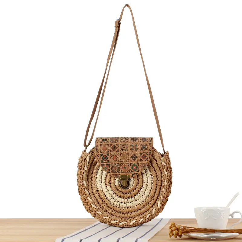 Wholesale Women Summer Beach Handmade Woven Round Natural Bohemian Straw Shoulder Bags 2023