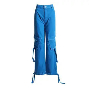 OUDINA Trendy High Street Straight Leg Cargo Pants 2023 Stitching Pocket High Waist Overalls Jeans For Women
