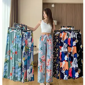 Grosir celana panjang kasual motif bunga katun murah 54 gaya celana panjang kaki lebar ukuran besar longgar pakaian rumah