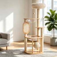 RubberTower 139cm Arbre à chat moderne en MDF Bois de palissandre avec capsule en acrylique, griffoir vertical en sisal, plusieurs plateformes et panier en carton Teddy