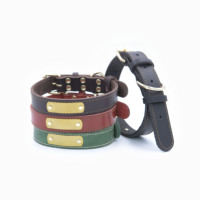 Collier pour chien en cuir véritable - Simple couche, simple fil, ajustement réglable, plaque nominative gravable |   Motif imprimé personnalisé avec rivets