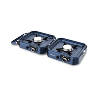 Réchaud pliant à deux brûleurs pour intérieur et extérieur, construction en acier inoxydable, compatible avec le gaz butane et propane.