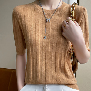 2023 printemps femmes demi manches peigné laine pull pleine couleur Pit bande minceur et lâche tricoté conception - Product Image 6