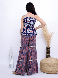 Ensemble Kurti et Sharara pour filles, en coton tissé traditionnel, manches imprimées, pour les fêtes - Bleu - Product Image 2