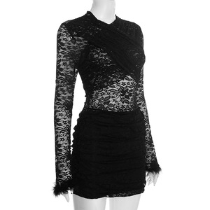 Nuovo Abito Lungo da Donna in Tinta Unita ed Elastico, Sexy con Pizzo Traforato, Maniche Lunghe, Collo Tondo e Dettagli Incrociati sul Petto - Product Image 5