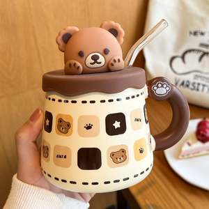 Taza de Dibujos Animados de Osito, Taza de Café, Té y Agua de Alta Gama con Tapa y Cuchara, Linda Taza para Parejas, Resistente a Altas Temperaturas, Estilo Instagram - Product Image 1