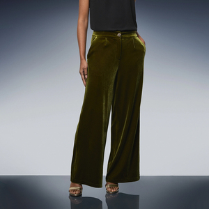 <span class=keywords><strong>Pantaloni</strong></span> Palazzo Larghi a Vita Alta in <span class=keywords><strong>Velluto</strong></span> Scintillante Verde Oliva, Elasticizzati, a Gamba Larga, per Feste - Product Image 2